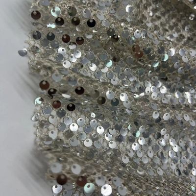 Glittering Mesh Embroidered Fabric 70% Polyester Rice Color For Decorate Evening Dress