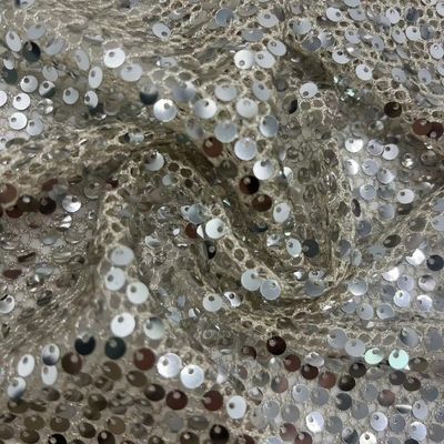 Glittering Mesh Embroidered Fabric 70% Polyester Rice Color For Decorate Evening Dress