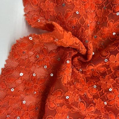 Glitzy Sequins Embroidery Design 100% Polyester Red Color Fabric For Cloth