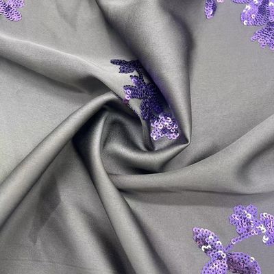 Silk Elastic Satin Embroidery Piece 100% Polyester Fabric Purple Sequins For Dress