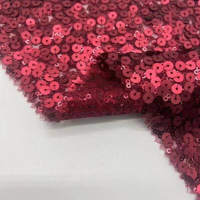Burgundy Mesh Sequins Embroidery Fabric 100% Polyester Usually For Women Party Dresses