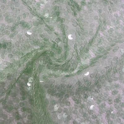 Special Mesh Sequins Embroidery Fabric 100% Polyester Transparent Green Unique For Women Party Dresses