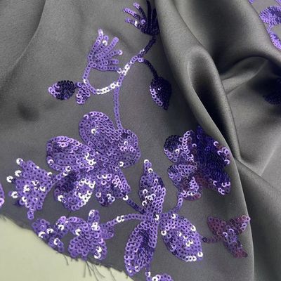 Silk Elastic Satin Embroidery Piece 100% Polyester Fabric Purple Sequins For Dress